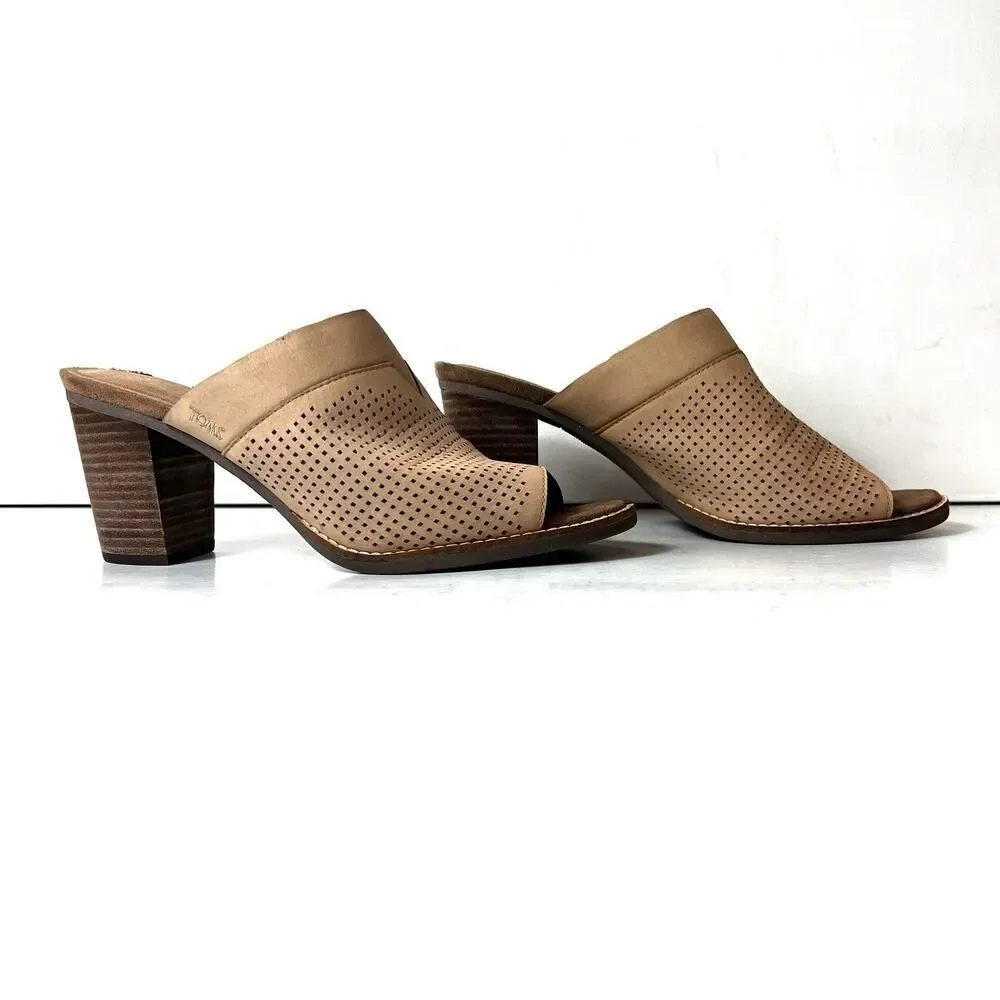 TOMS Tan Leather Block Heeled Sandals Women's 10 Slip On Open Toe Comfort Casual